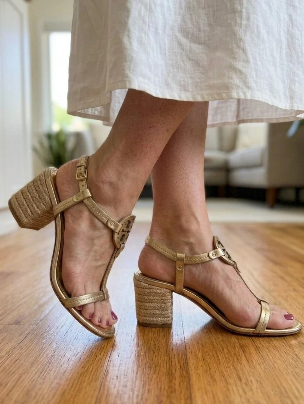 Tory Burch Miller Logo Espadrille Block Heels Metallic Mirror Gold Size 8.5